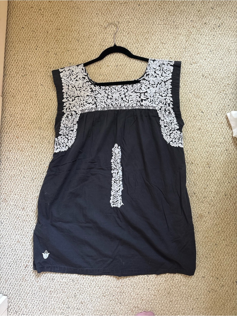 Black Sleeveless Mini Dress with White Embroidered Yoke